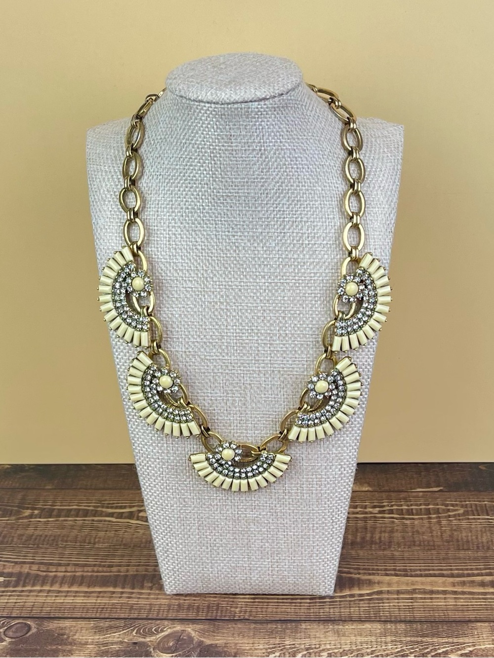 Vintage J Crew Cream Enamel & Rhinestone Art Deco Fan Statement Necklace